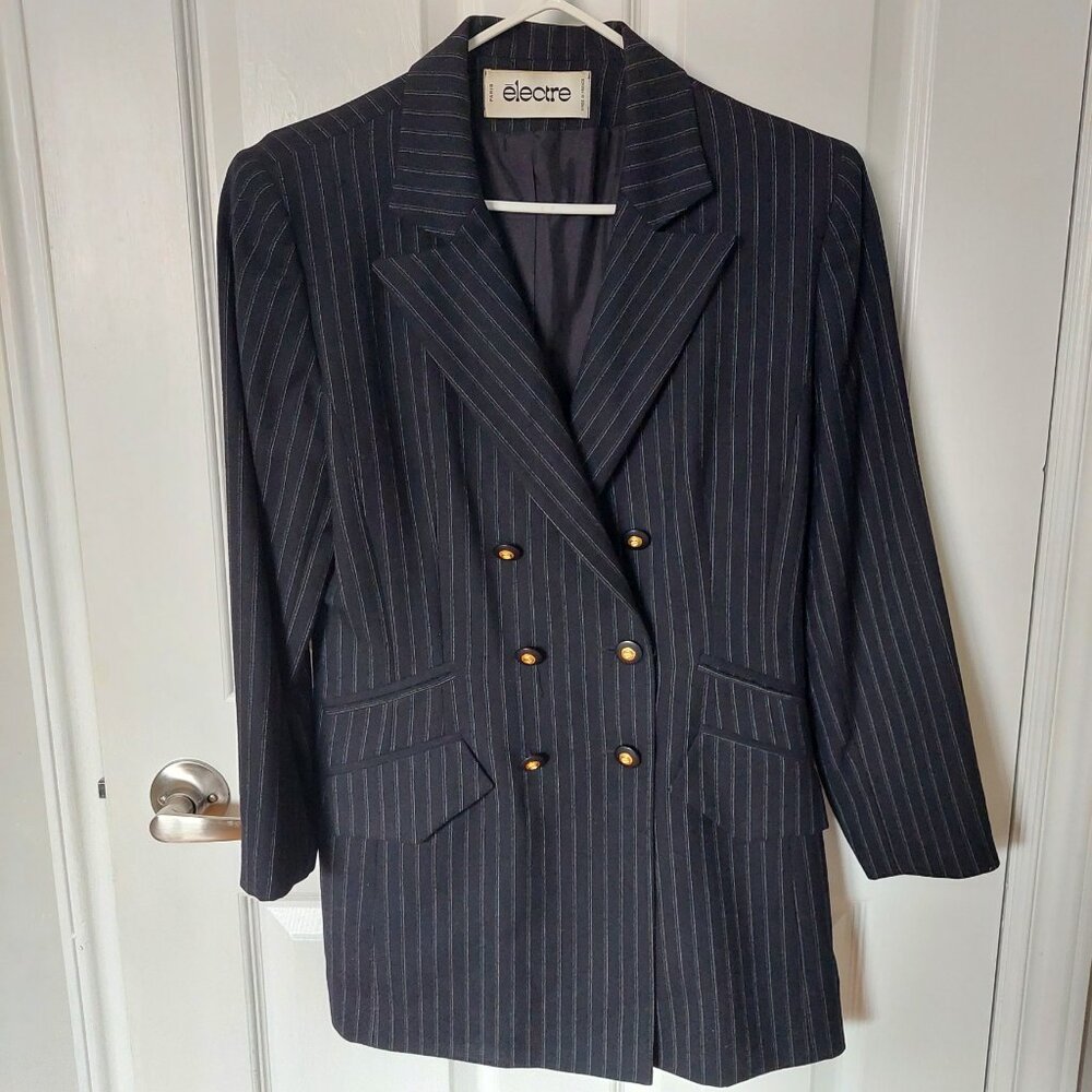 Electre Paris France Double Breasted Black Pinstripe Wool Blazer, Size M-10/EU40
